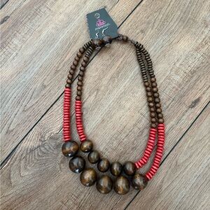 Paparazzi Bohemian Brown and Red Wooden Bead Layered Necklace with Earrings